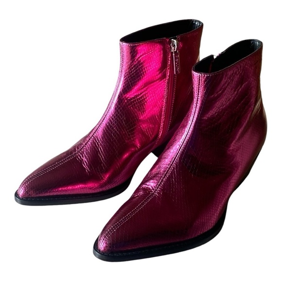 POLLINI Leather Metallic Cowboy Boot Pointed Toe Fuchsia Size 39 IT = 7.5 US - Picture 4 of 16